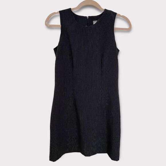 Vintage Midi Black Sheath Fitted Academia Striped Stretch Zip Sleeveless Dress - Picture 9 of 10